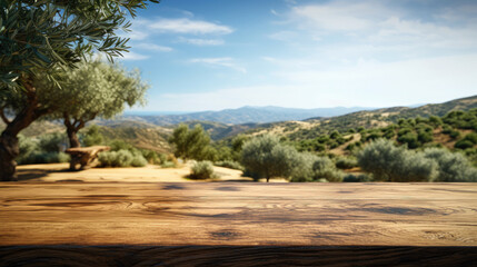 Massive wooden table for product placement with rustic olive oil farm background scene.