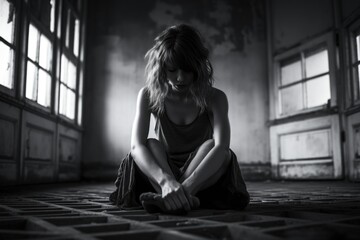 depression woman sit on the floor - obrazy, fototapety, plakaty