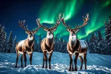 A pair of majestic reindeer standing in a snow-covered wilderness, with the Northern Lights dancing in the starry sky. 