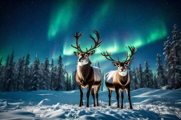 A pair of majestic reindeer standing in a snow-covered wilderness, with the Northern Lights dancing in the starry sky. 