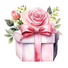 Birthday gift box and rose Illustration, Generative Ai