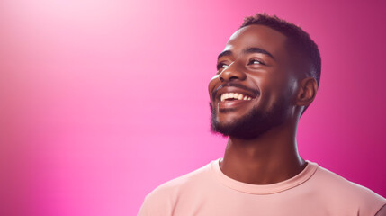 Obraz premium Portrait of a smiling young african american man on pink neon light background with copyspace