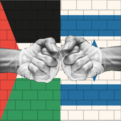 Nostalgia Palestina Israel banner with Halftone puch fist hand on flag background. Pray for Palestina, Gaza, Israel. Retro grunge poster for Social Media. Vector illustration. © Olga Igumenova