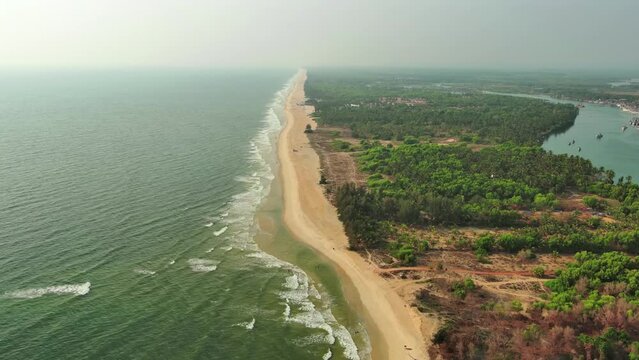 Goa, India: Aerial view of famous Indian summer resort by Arabian Sea, southern part of region with beaches Mobor, Betul and Cavelossim beach - landscape panorama of South Asia from above
