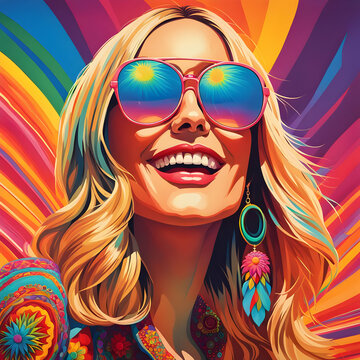 Portrait of a woman in sunglasses, happy fair-haired Colourful vintage 1970s