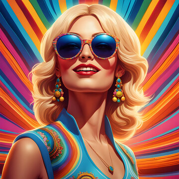 Portrait of a woman in sunglasses, happy fair-haired Colourful vintage 1970s