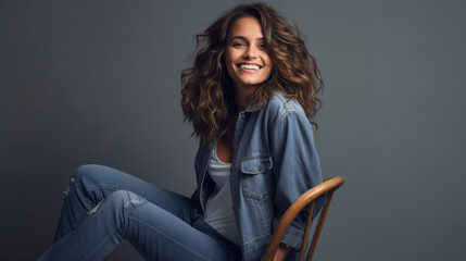 Attractive young fashionable woman sitting on a chair against grey background with rocking denim and copyspace