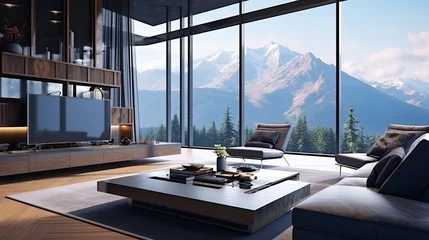 Tapeten Interior of modern living room with wooden walls, carpet on the floor, panoramic windows and mountain view © ffunn