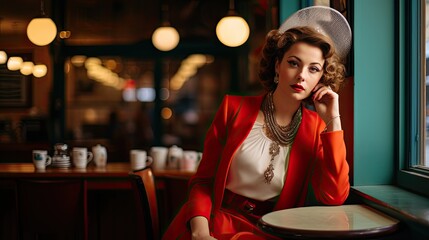 Model in vintage clothing, emphasizing timeless elegance, set in a retro cafe.