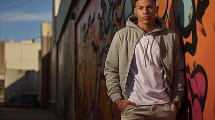 Model showcasing casual urban attire, emphasizing fit and comfort, set against a graffiti wall backdrop.