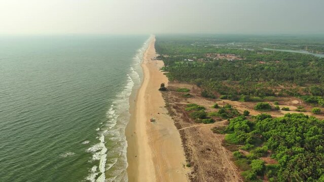Goa, India: Aerial view of famous Indian summer resort by Arabian Sea, southern part of region with beaches Mobor, Betul and Cavelossim beach - landscape panorama of South Asia from above