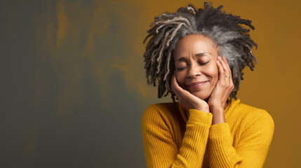 Happy mature african woman smiling cheerfully embracing her natural body with dreadlocks with copyspace