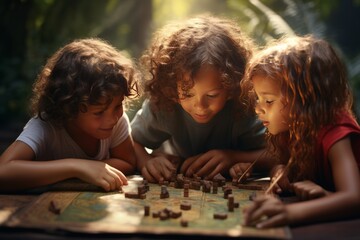 Fototapeta premium Kids play in a board game. AI generative