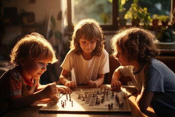 Fototapeta premium Kids play in a board game. AI generative