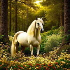 A horse in a forest full of varieties of flowers, created with Generative AI technology