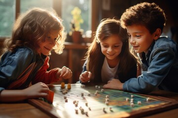 Fototapeta premium Kids play in a board game. AI generative