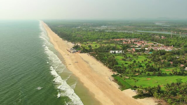 Goa, India: Aerial view of famous Indian summer resort by Arabian Sea, southern part of region with beaches Mobor, Betul and Cavelossim beach - landscape panorama of South Asia from above