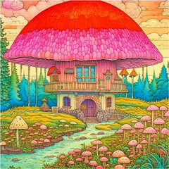 Pink mushroom house with background forest, created with Generative AI technology