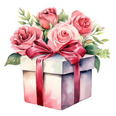 Birthday gift box and rose Illustration, Generative Ai