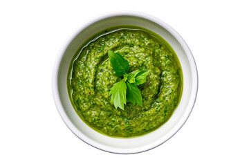 Sauce pesto in bowl on transparent background, top view PNG