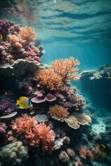 Fototapeta na wymiar Underwater view of coral reefs and creatures in tropical waters.