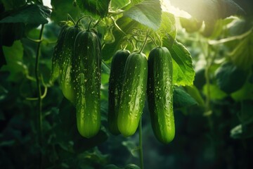Green cucumber grow in the vegetable garden in sunny day. - obrazy, fototapety, plakaty