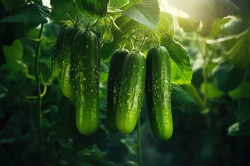 Poster Green cucumber grow in the vegetable garden in sunny day. © dashtik