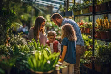 A delightful family trip to the garden center, surrounded by lush plants and gardening supplies. Exploring nature and greenery together