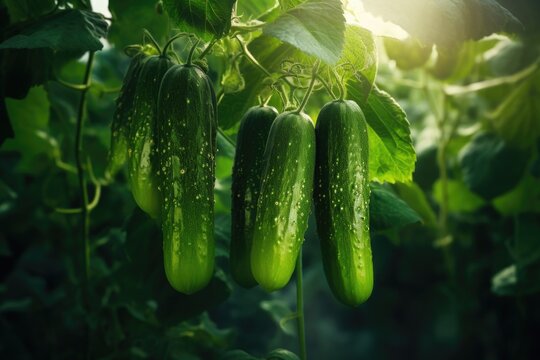 Green cucumber grow in the vegetable garden in sunny day.
