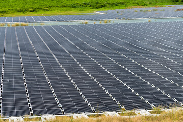 View of the floating Solar power system on the flood detention basin in Kaohsiung, Taiwan.