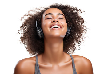 Stylish African American young woman, passionate about music, revels in the beats and rhythms flowing through her headphones - obrazy, fototapety, plakaty