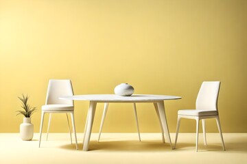 A minimalist design featuring two white chairs and a marble table in front of a pale yellow background.