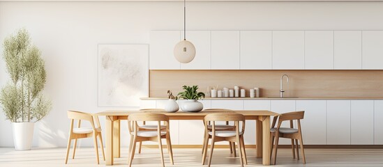 Modern and stylish dining space with white table wooden chairs decorations sleek lamps and intriguing art adjacent to a minimalist kitchen With copyspace for text
