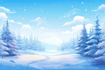 Poster Winter landscape under snow. Background with fir trees in blue white colors © dashtik