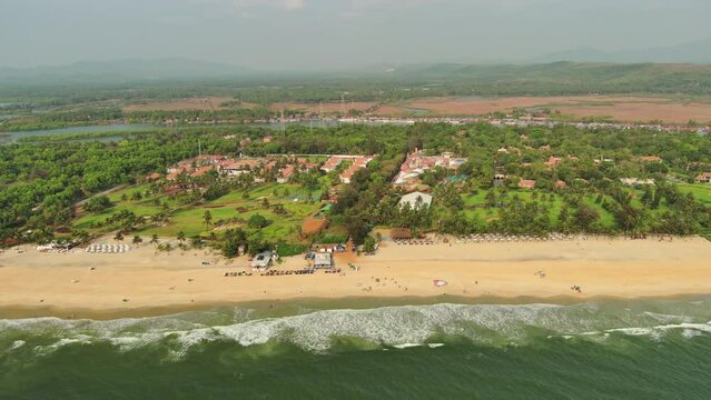 Goa, India: Aerial view of famous Indian summer resort by Arabian Sea, southern part of region with beaches Mobor, Betul and Cavelossim beach - landscape panorama of South Asia from above