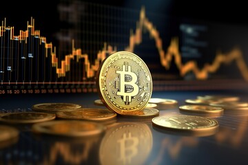 Golden Bitcoin on the background of the stock market chart. Cryptocurrency concept.