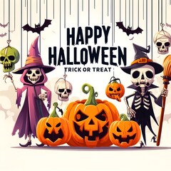 Halloween character vector background design. Happy Halloween trick or treat text in white space with hanging scary pumpkin, skull  Ai  generative