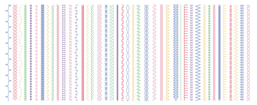 Colorful stitches pattern. Seam and straight embroidery cross variations, brush stitching zigzag and zag borders, fabric decoration. Vector isolated set