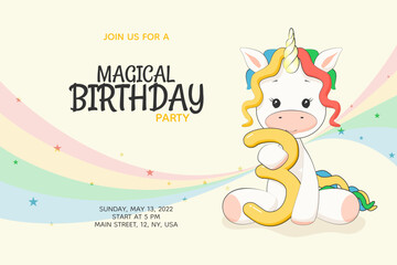 3 years old Magical kids birthday party invitation with cute rainbow unicorn