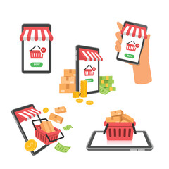 set of shop on mobile phone with basket icon, online shoping  vector isolated 