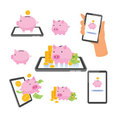 set of piggy bank money and smart phone, online saving vector isolated 