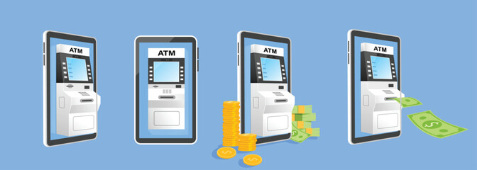 atm machine on smartphone, online payment  vector Isolated set 