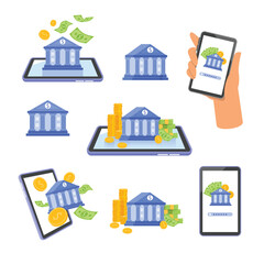 set of bank building icon with mobile phone, online banking, mobile banking vector isolated 