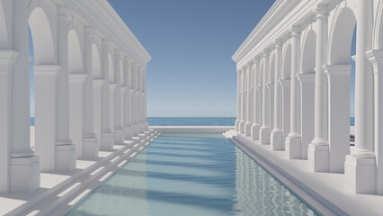 Naklejka premium Antique architecture columns, outdoor blue water pool. Blue sky and sea. Minimalism vacation relaxation. 3d render