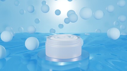 White Cream serum for the face in a jar on a wet blue background in water, skin care. Natural cosmetics, moisturizing. 3d render