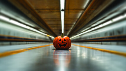 Jack-o'-lantern on floor in gigantic subway tunnel, centered perspective, central vanishing point,...