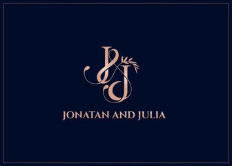 Initial letter J&J JJ luxury art vector logo sign, rose gold color on dark background