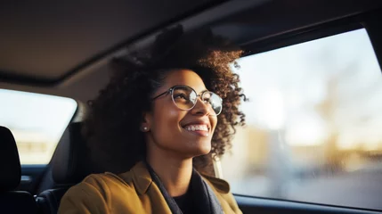 Foto op Canvas Portrait of a young woman sitting at the back seat of a car, African ethnicity, smiling looking out of window, photo of taxi passenger © Favebrush