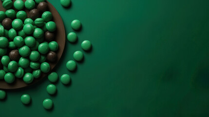 minimalistic background with pralines and chocolate, top view, empty copy space