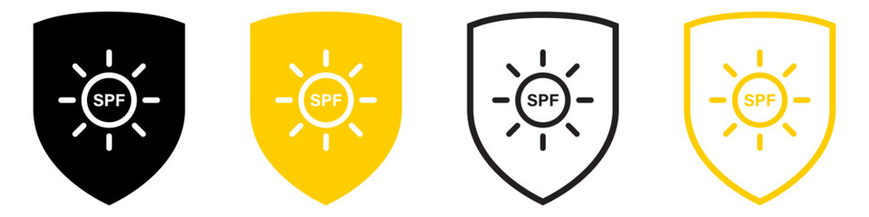 SPF sun with shield icon symbol set